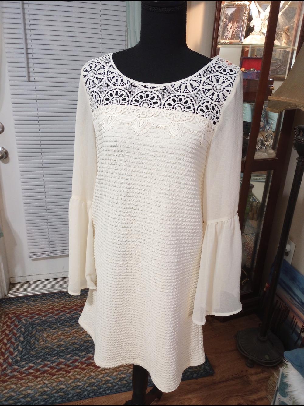 Flying Tomato Cream Lace Yoke Bell Sleeve A-Line Dress